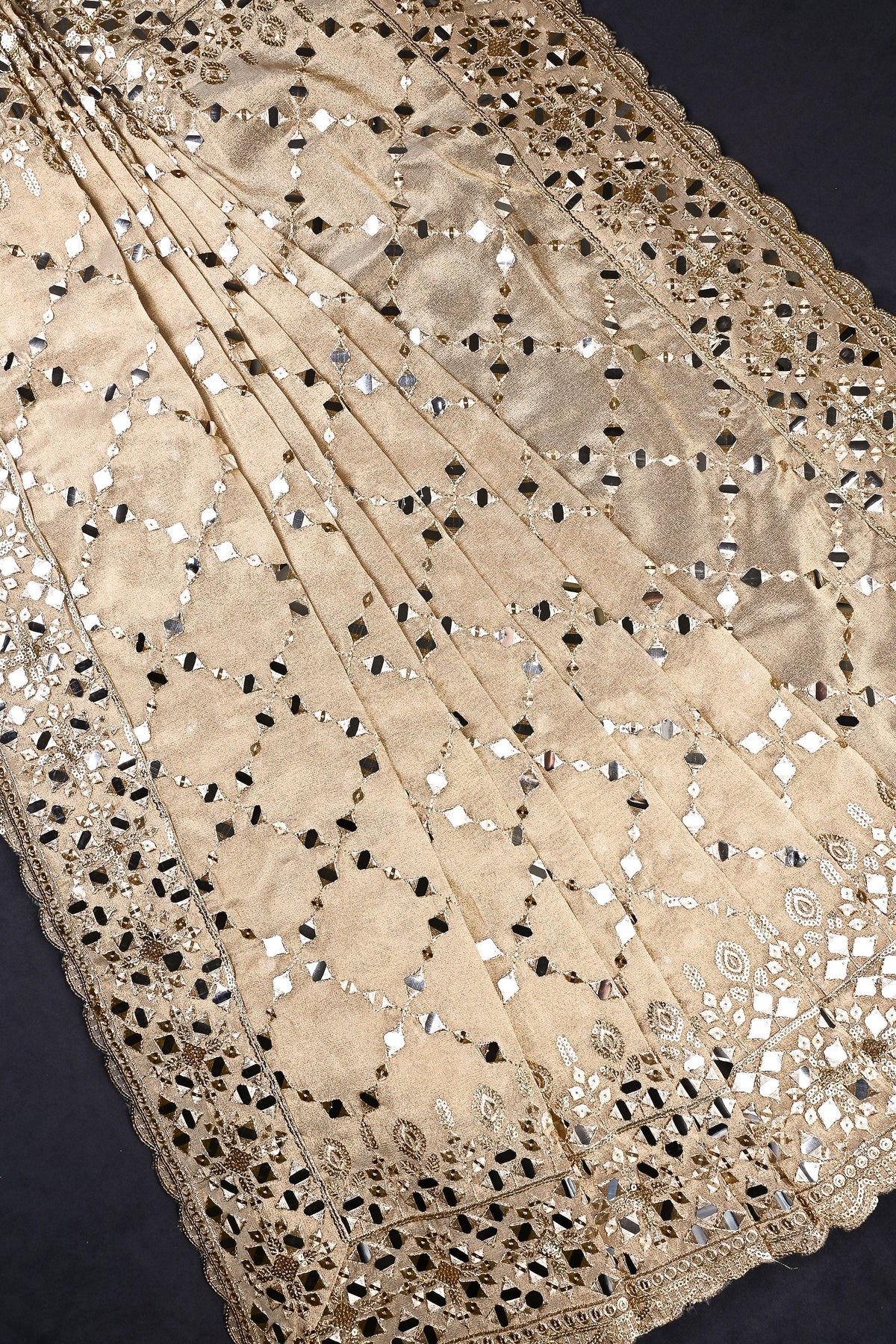 Golden Dyeable Tissue Dupatta All Over Zari, Sequins And Faux Mirror Work With Border 24627