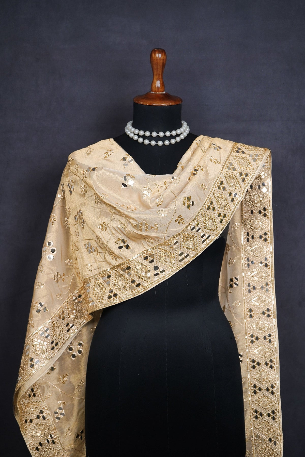 Golden Dyeable Tissue Dupatta All Over Zari, Sequins And Faux Mirror Work With Border 24628