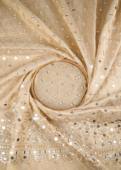 Golden Dyeable Tissue Fabric With All Over Zari, Sequins And Faux Mirror Work With One Side Heavy Border 24629