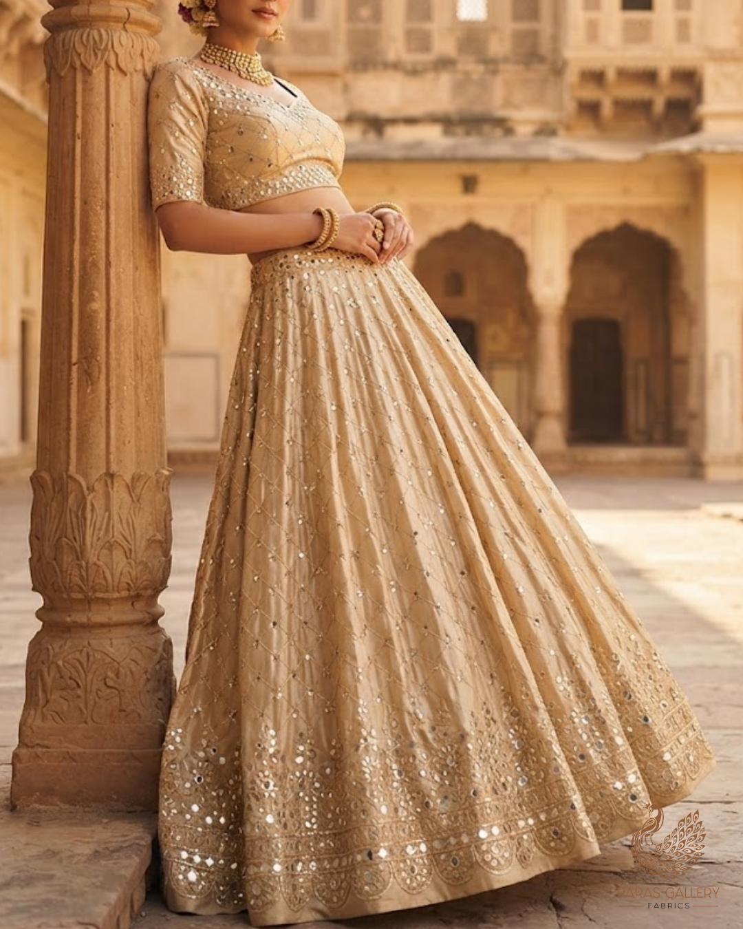 Golden Dyeable Tissue Fabric With All Over Zari, Sequins And Faux Mirror Work With One Side Heavy Border 24629