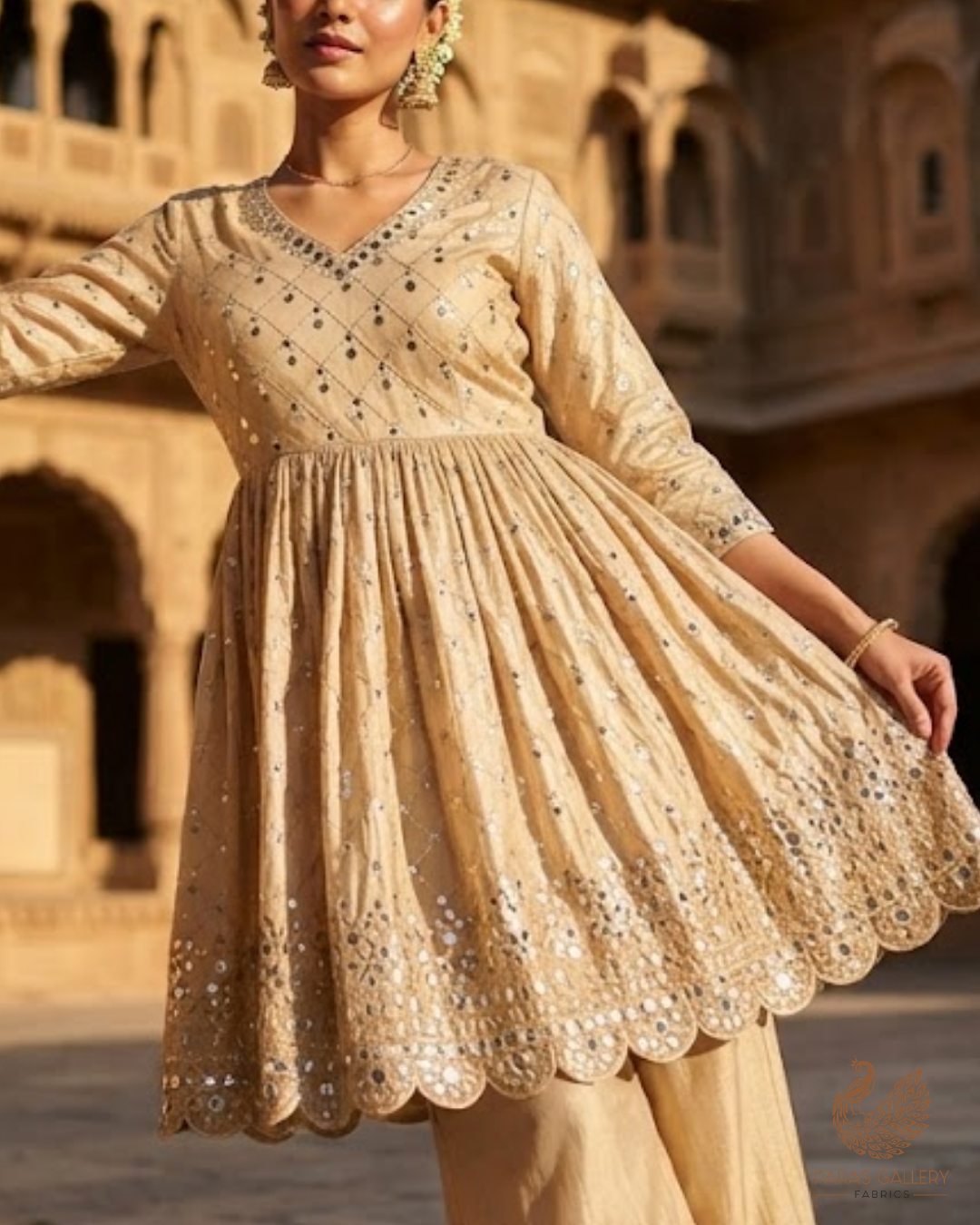 Golden Dyeable Tissue Fabric With All Over Zari, Sequins And Faux Mirror Work With One Side Heavy Border 24629