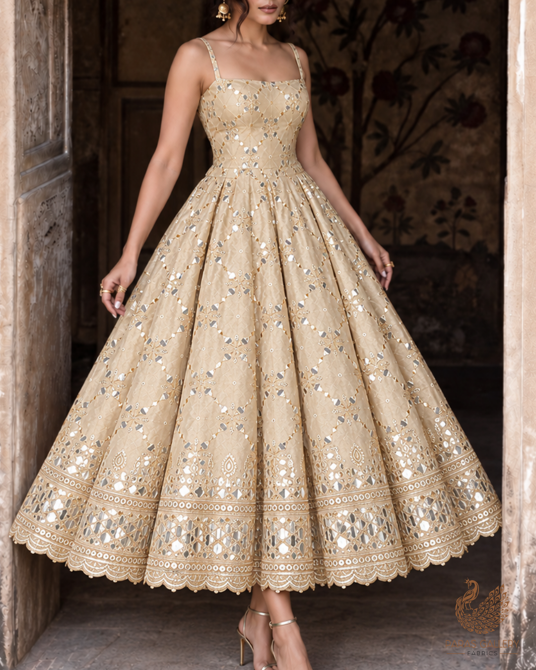 Golden Dyeable Tissue Fabric With All Over Zari, Sequins And Faux Mirror Work With One Side Heavy Border 24630