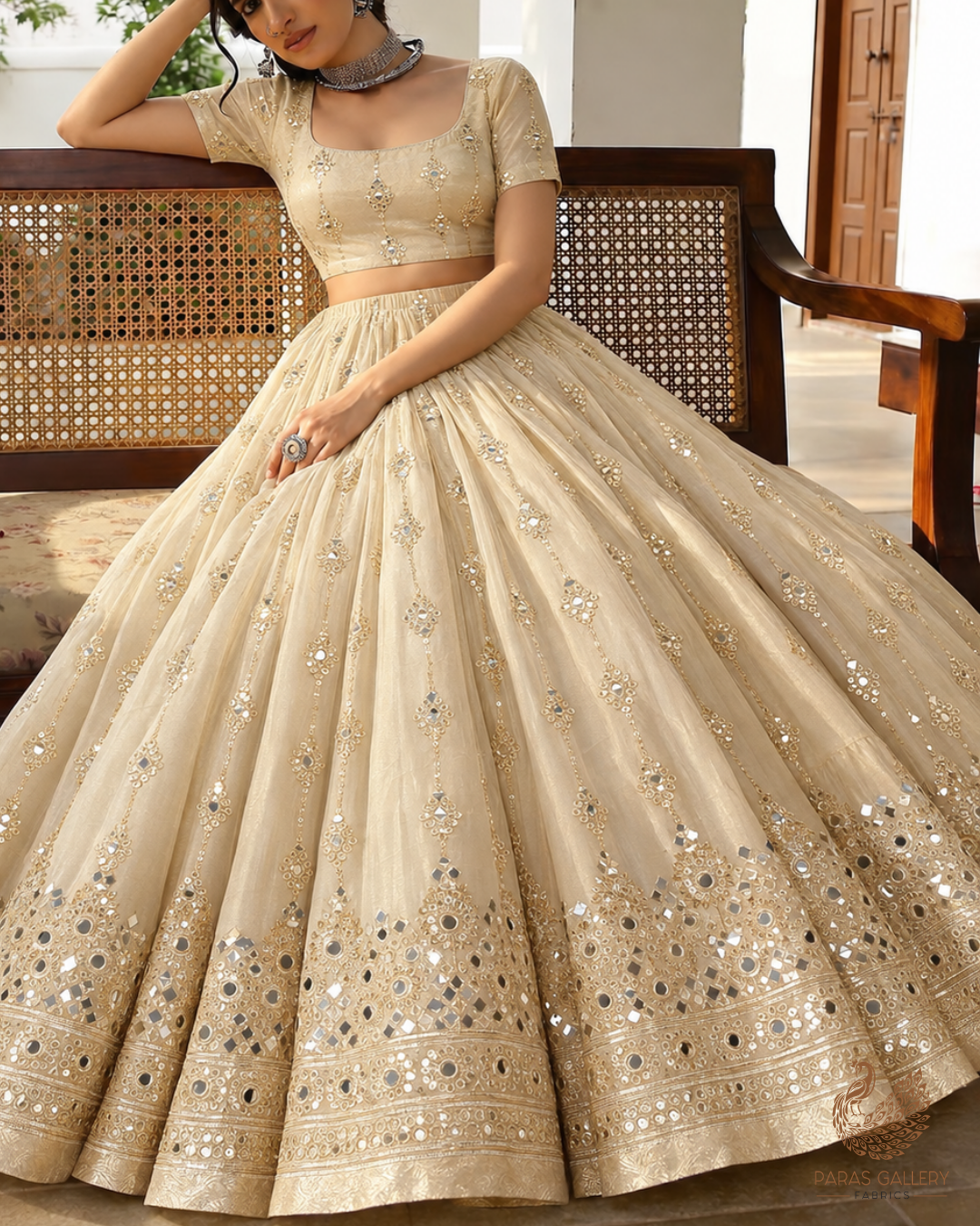 Golden Dyeable Tissue Fabric With All Over Zari, Sequins And Faux Mirror Work With One Side Heavy Border 24631