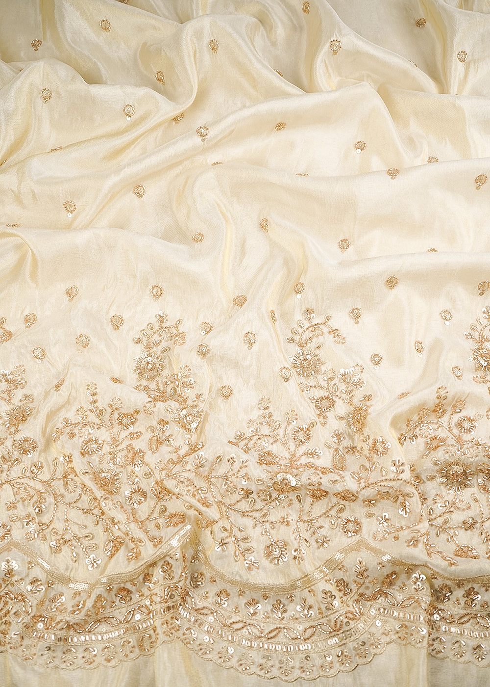 Golden Dyeable Tissue Fabric With All Over Katdana And Bead Work With One Side Border 24643