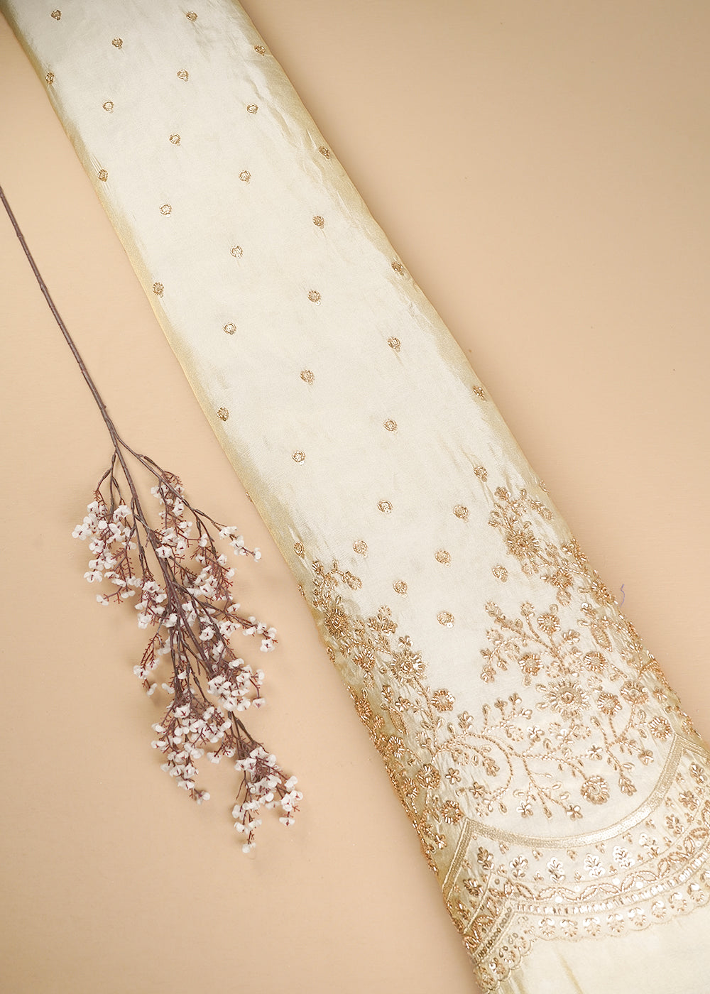 Golden Dyeable Tissue Fabric With All Over Katdana And Bead Work With One Side Border 24643