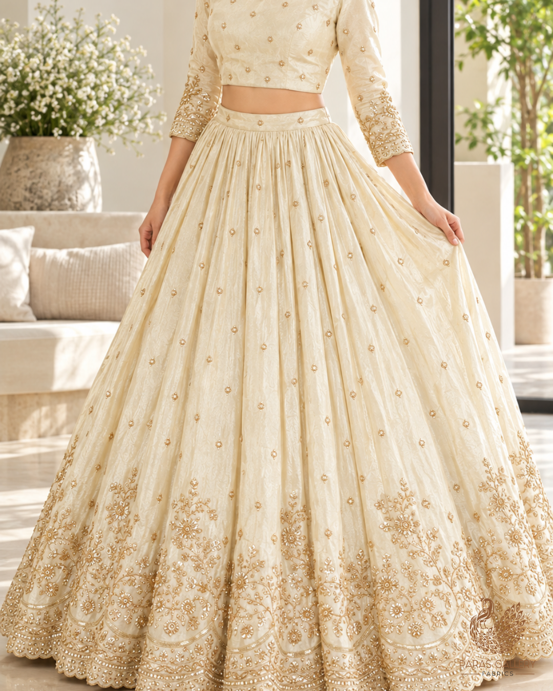 Golden Dyeable Tissue Fabric With All Over Katdana And Bead Work With One Side Border 24643