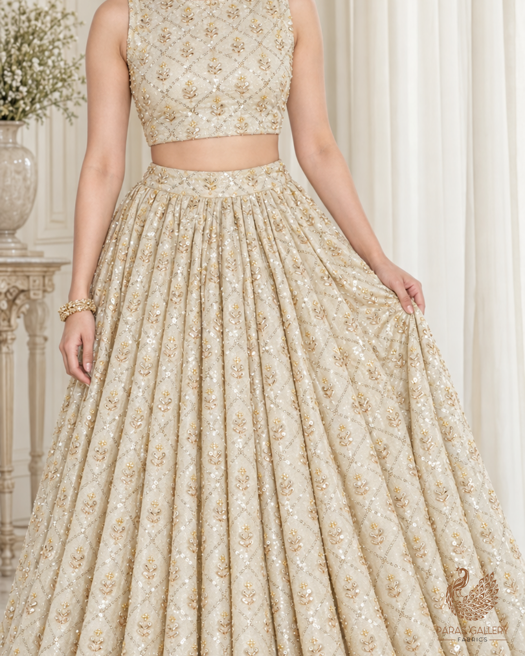 Golden Dyeable Tissue Fabric With All Over Sequins And Katdana Work 24644