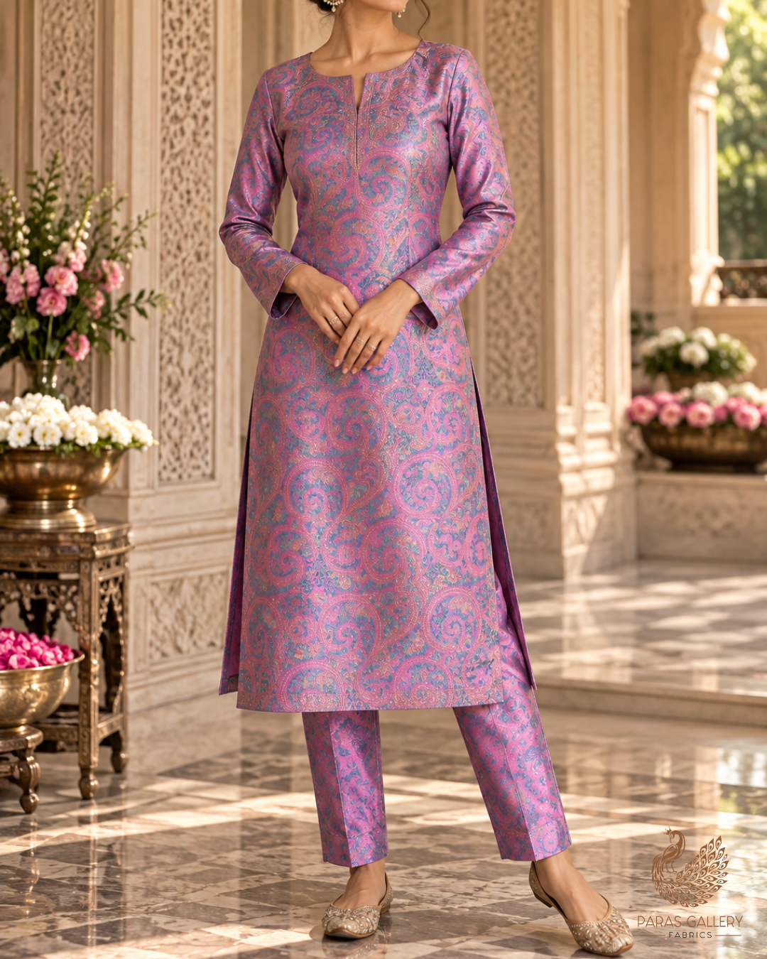 Mauve Banarasi Brocade Fabric With All Over Thread Handloom 24645