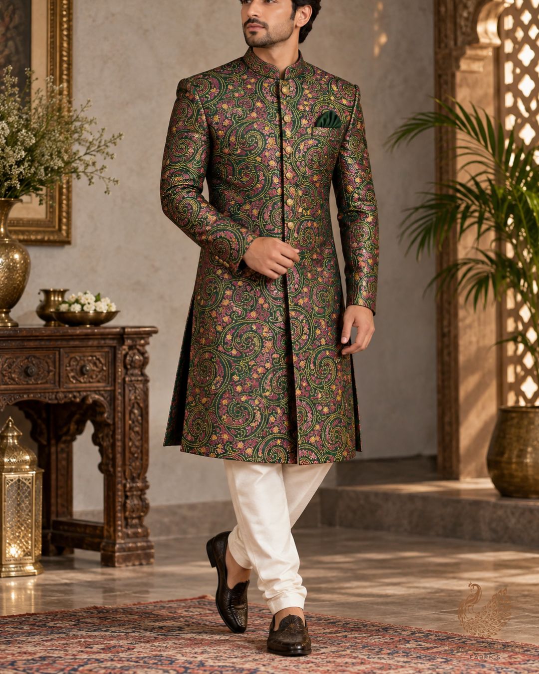 Green Banarasi Brocade Fabric With All Over Thread Handloom 24646