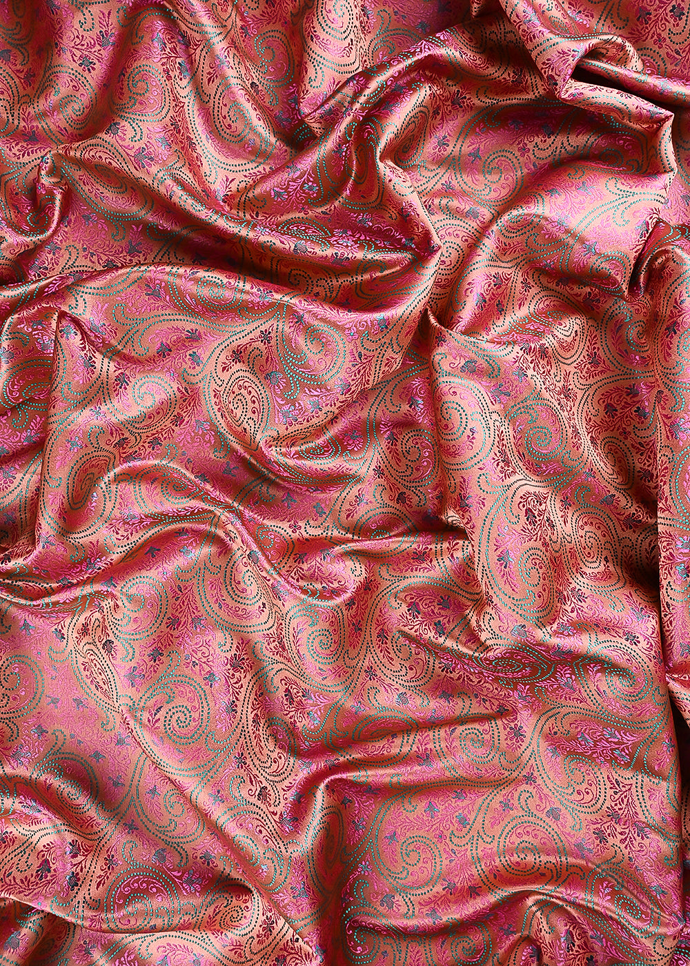 Rust Banarasi Brocade Fabric With All Over Thread Handloom 24647