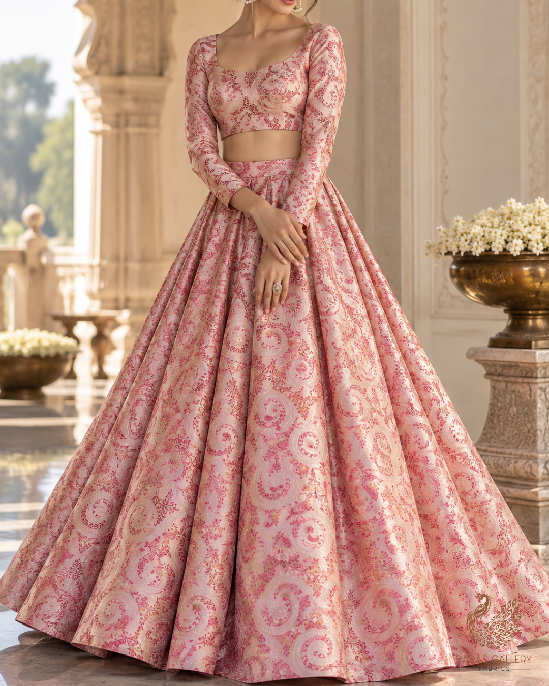 Peach Banarasi Brocade Fabric With All Over Thread Handloom 24648