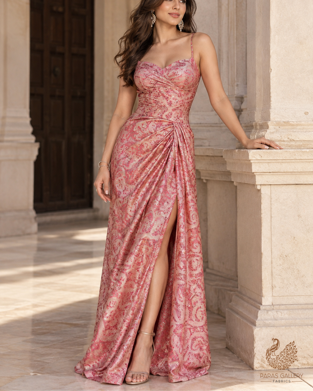 Peach Banarasi Brocade Fabric With All Over Thread Handloom 24648