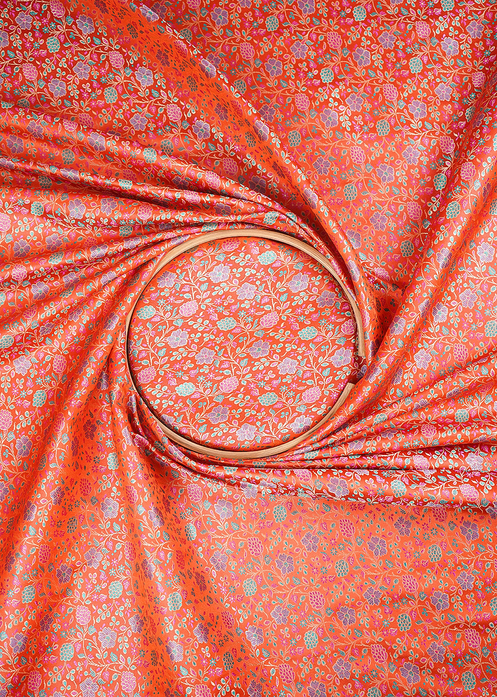 Orange Banarasi Brocade Fabric With All Over Thread And Zari Handloom 24649