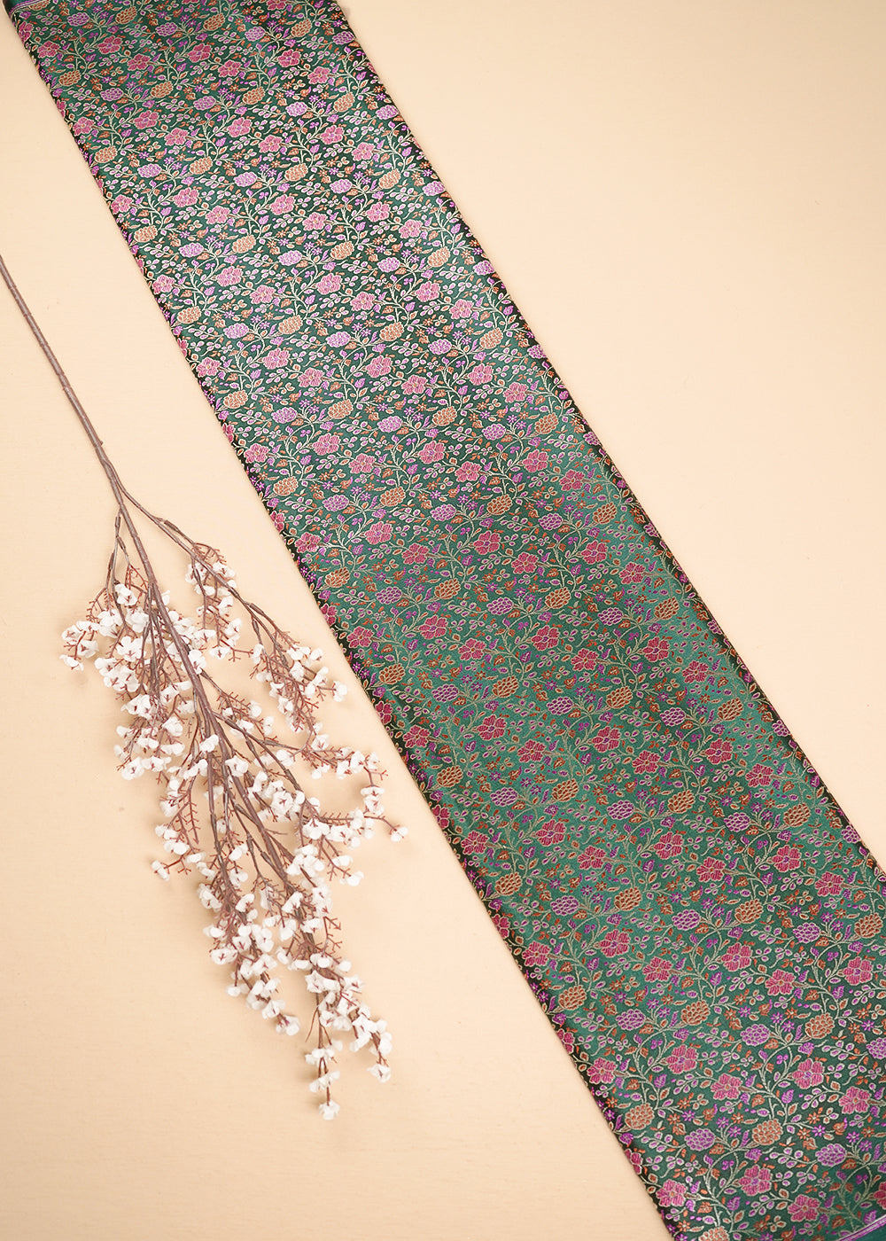 Bottle Green Banarasi Brocade Fabric With All Over Thread And Zari Handloom 24650