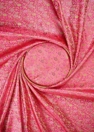 Pink Banarasi Brocade Fabric With All Over Thread And Zari Handloom 24651
