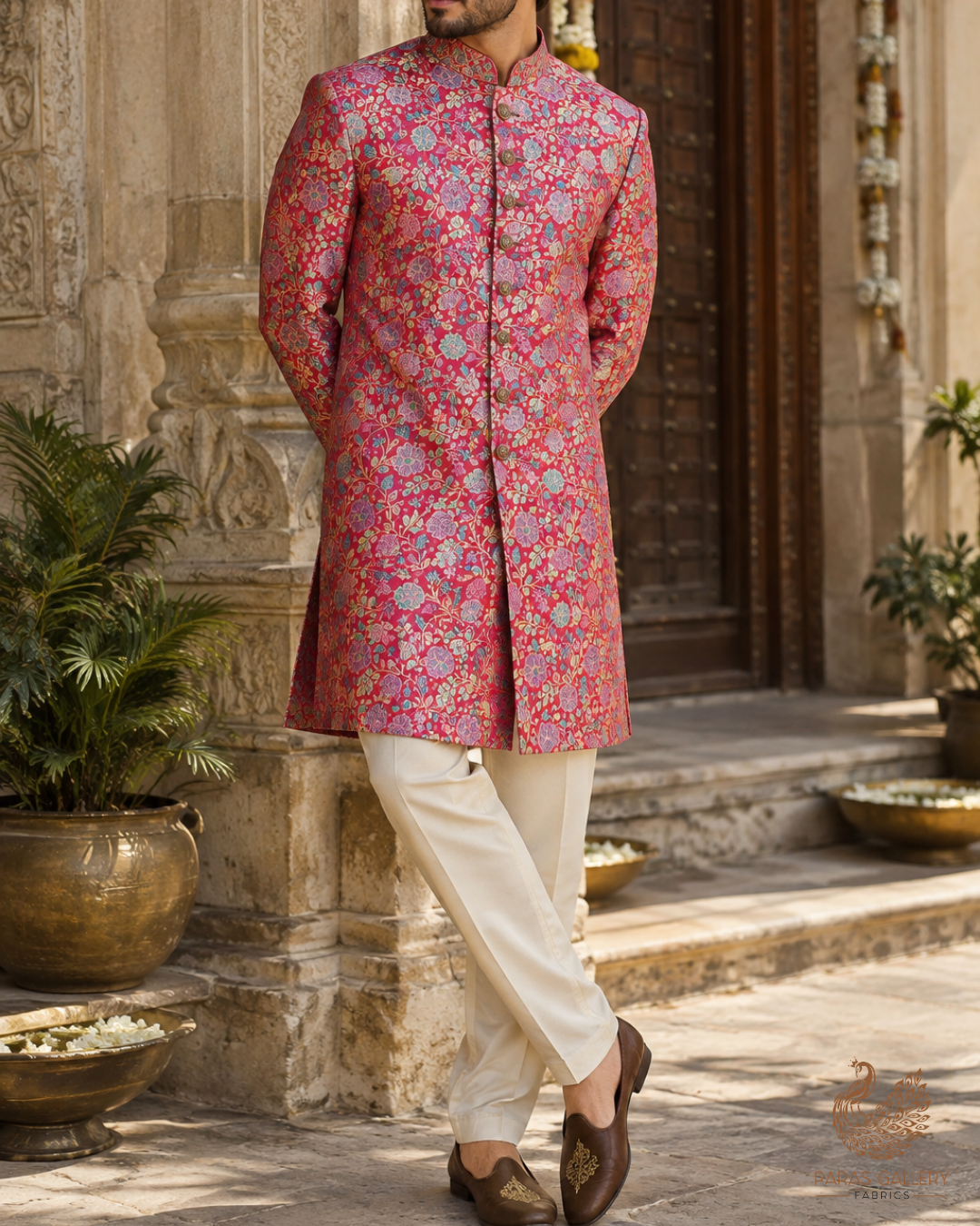 Red Banarasi Brocade Fabric With All Over Thread And Zari Handloom 24653