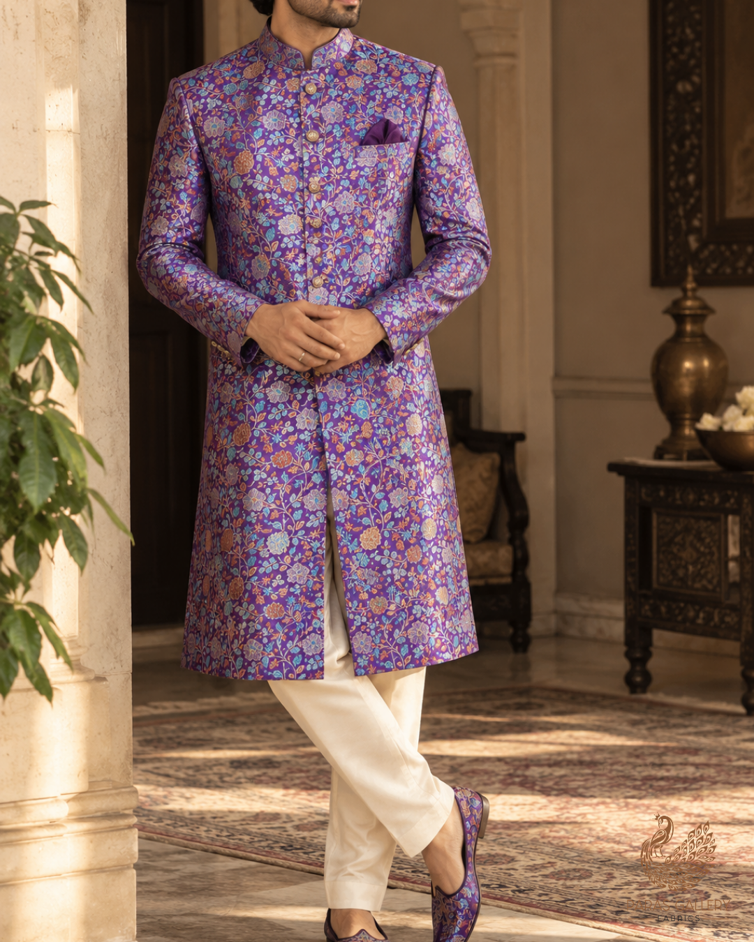 Purple Banarasi Brocade Fabric With All Over Thread And Zari Handloom 24655