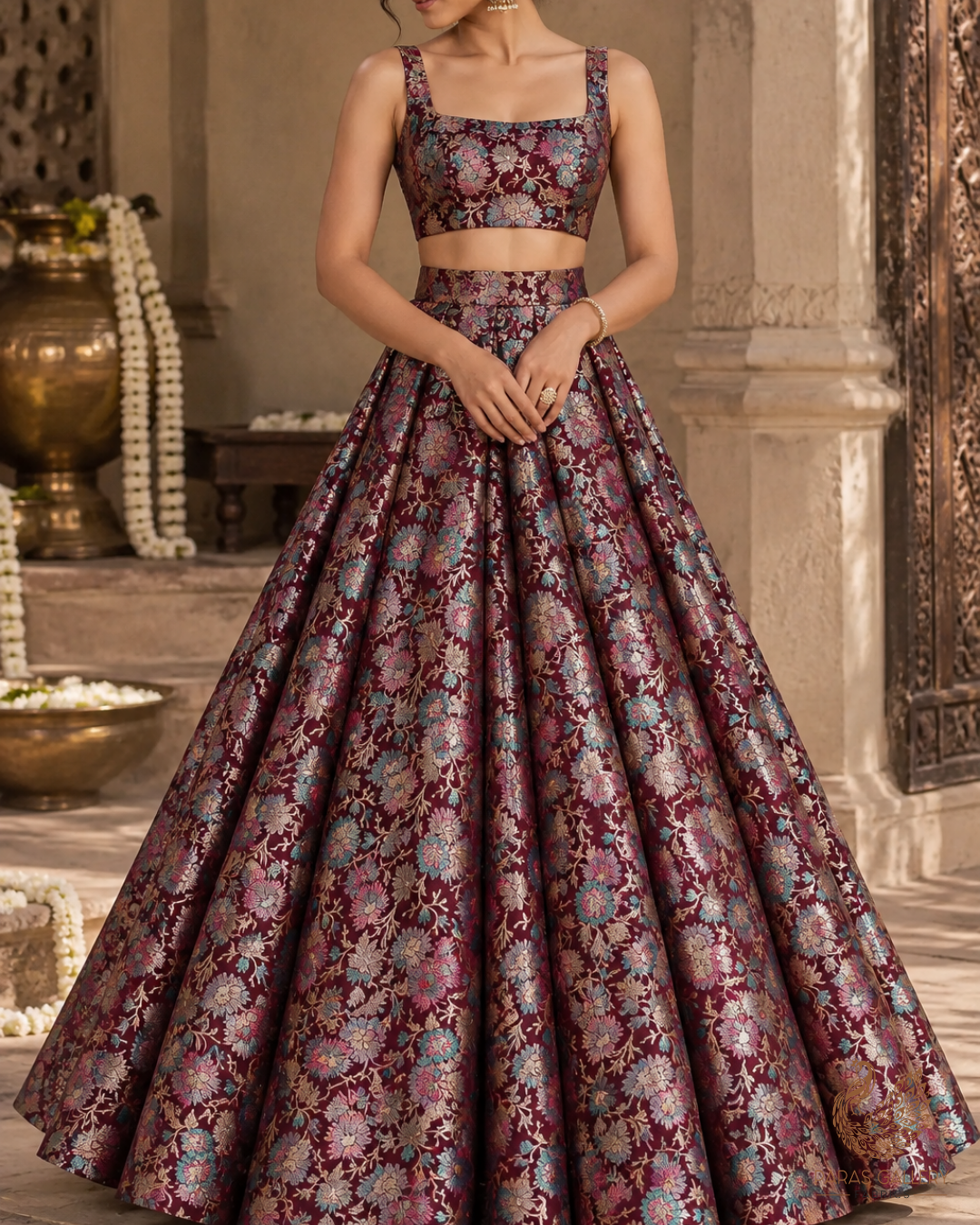 Wine Banarasi Brocade Fabric With All Over Thread Handloom 24656