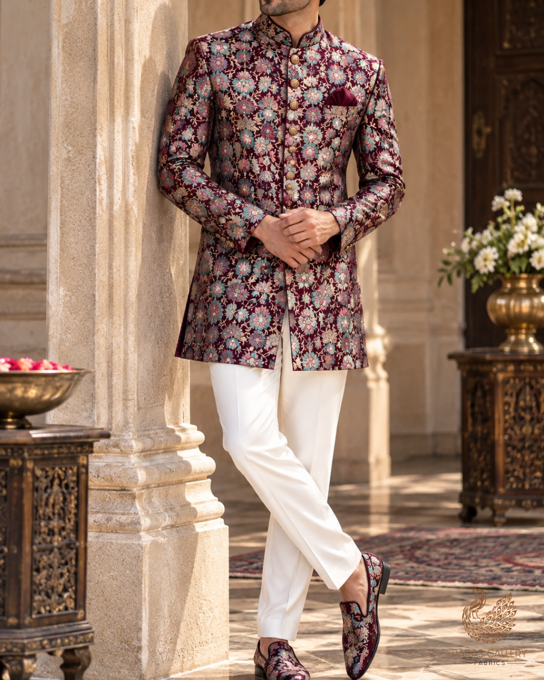 Wine Banarasi Brocade Fabric With All Over Thread Handloom 24656