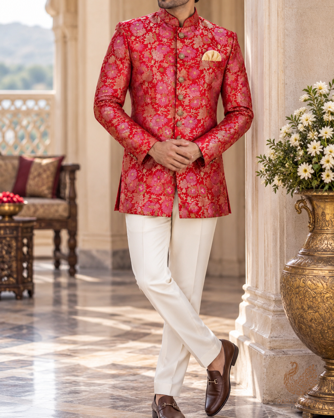 Red Banarasi Brocade Fabric With All Over Thread Handloom 24659