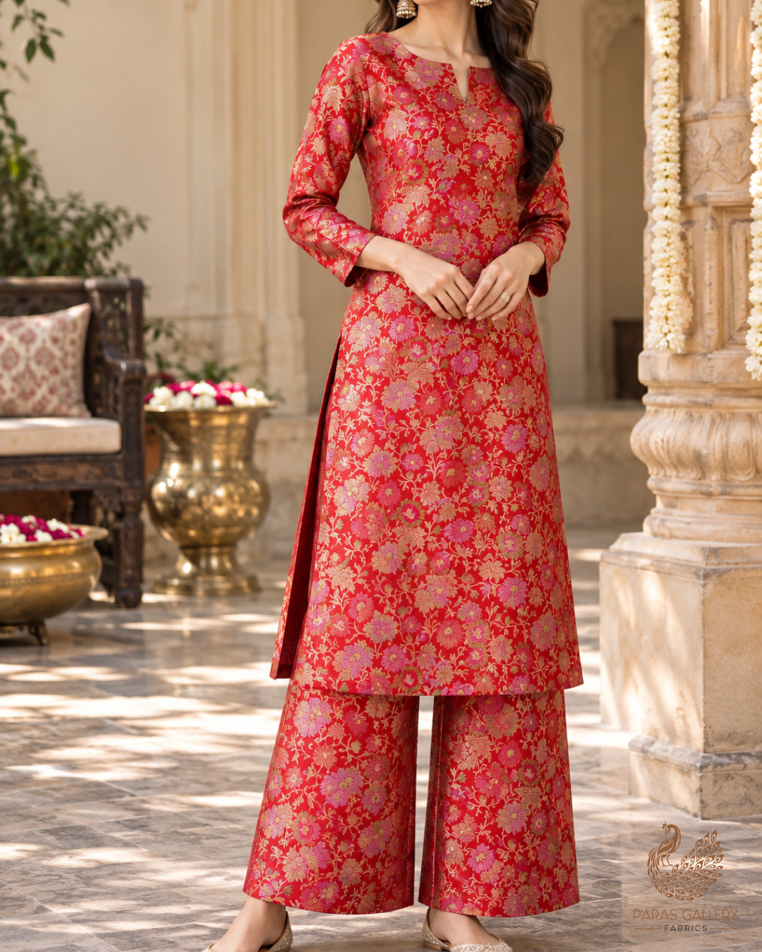 Red Banarasi Brocade Fabric With All Over Thread Handloom 24659
