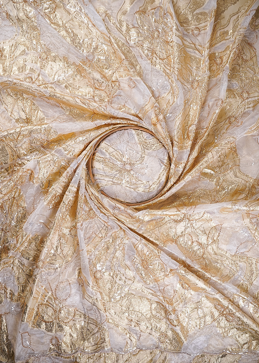 White Organza Fabric With All Over Sequins, Katdana And Bead Work & Gold Foil Work Flowers 24667