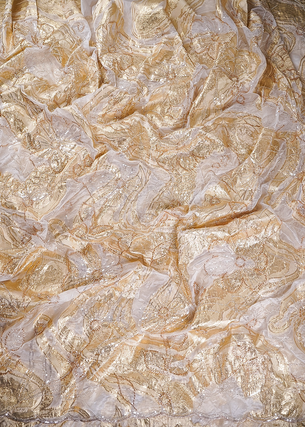 White Organza Fabric With All Over Sequins, Katdana And Bead Work & Gold Foil Work Flowers 24667