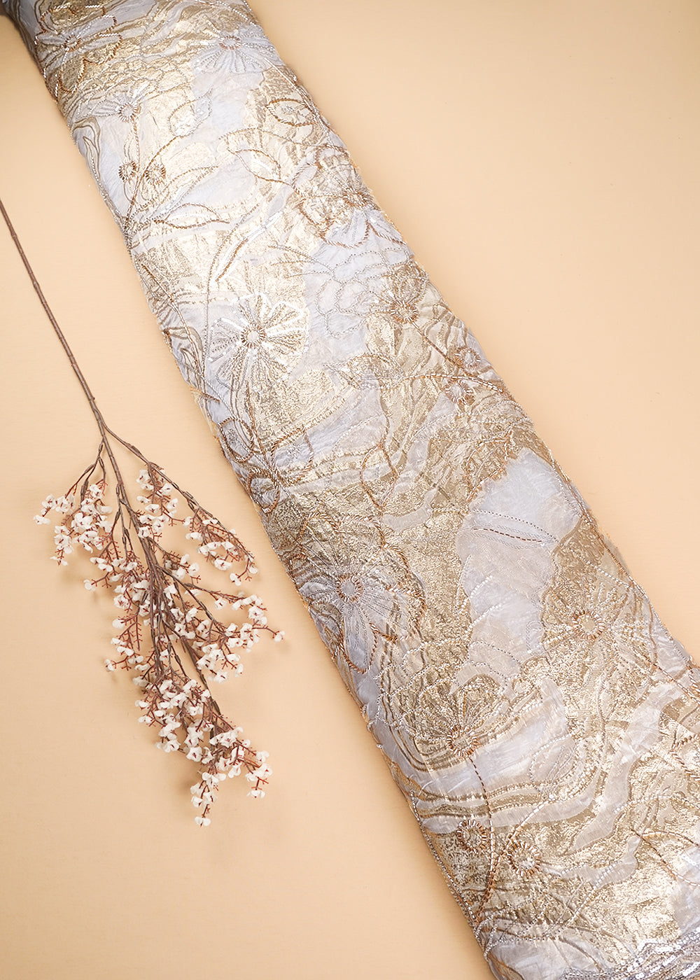 White Organza Fabric With All Over Sequins, Katdana And Bead Work & Gold Foil Work Flowers 24667