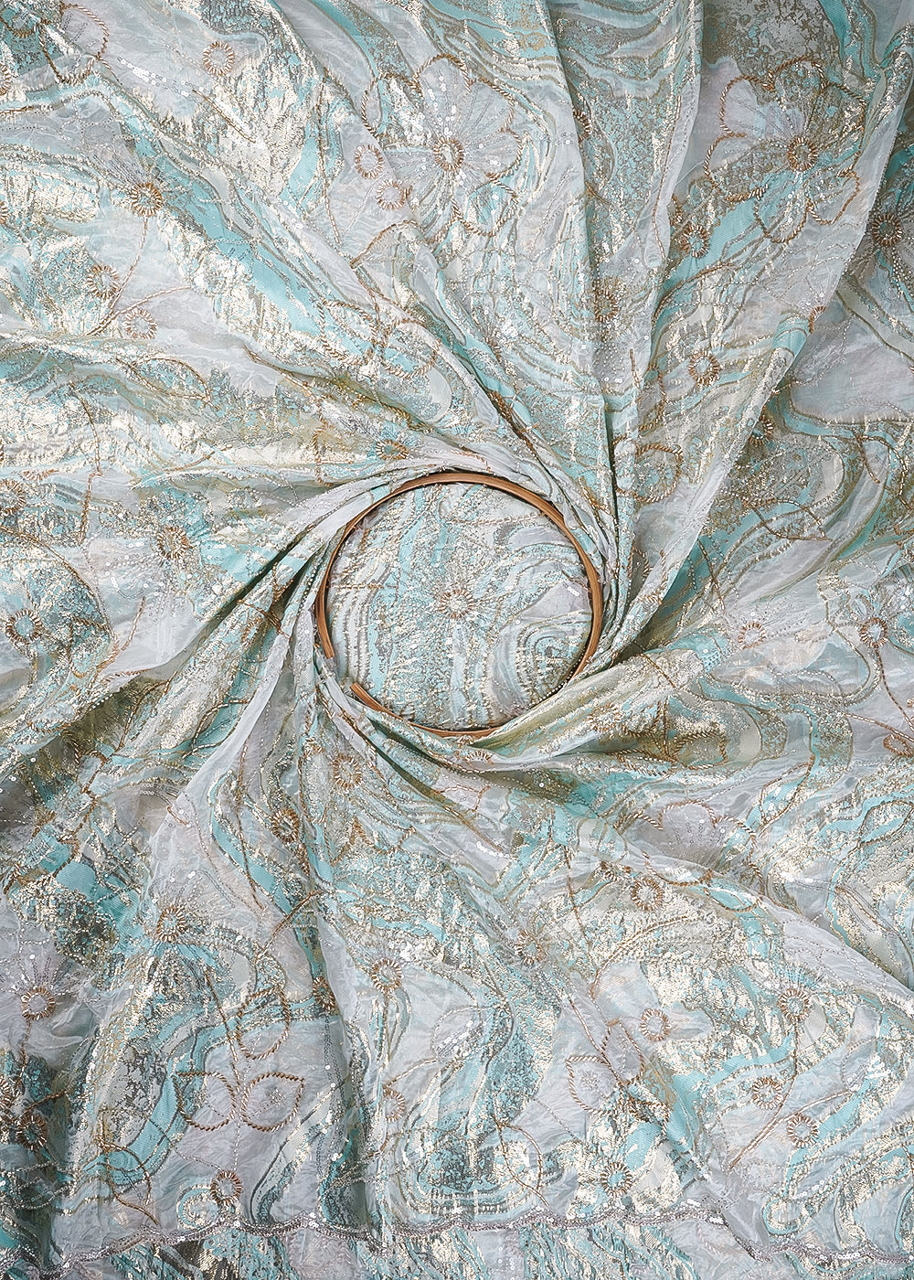 White Organza Fabric With All Over Sequins, Katdana And Bead Work & Sky Blue Foil Work Flowers 24668
