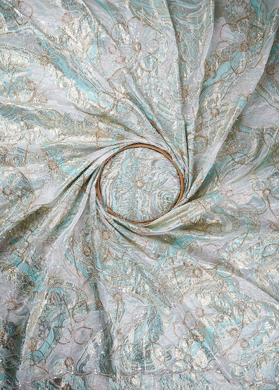 White Organza Fabric With All Over Sequins, Katdana And Bead Work & Sky Blue Foil Work Flowers 24668