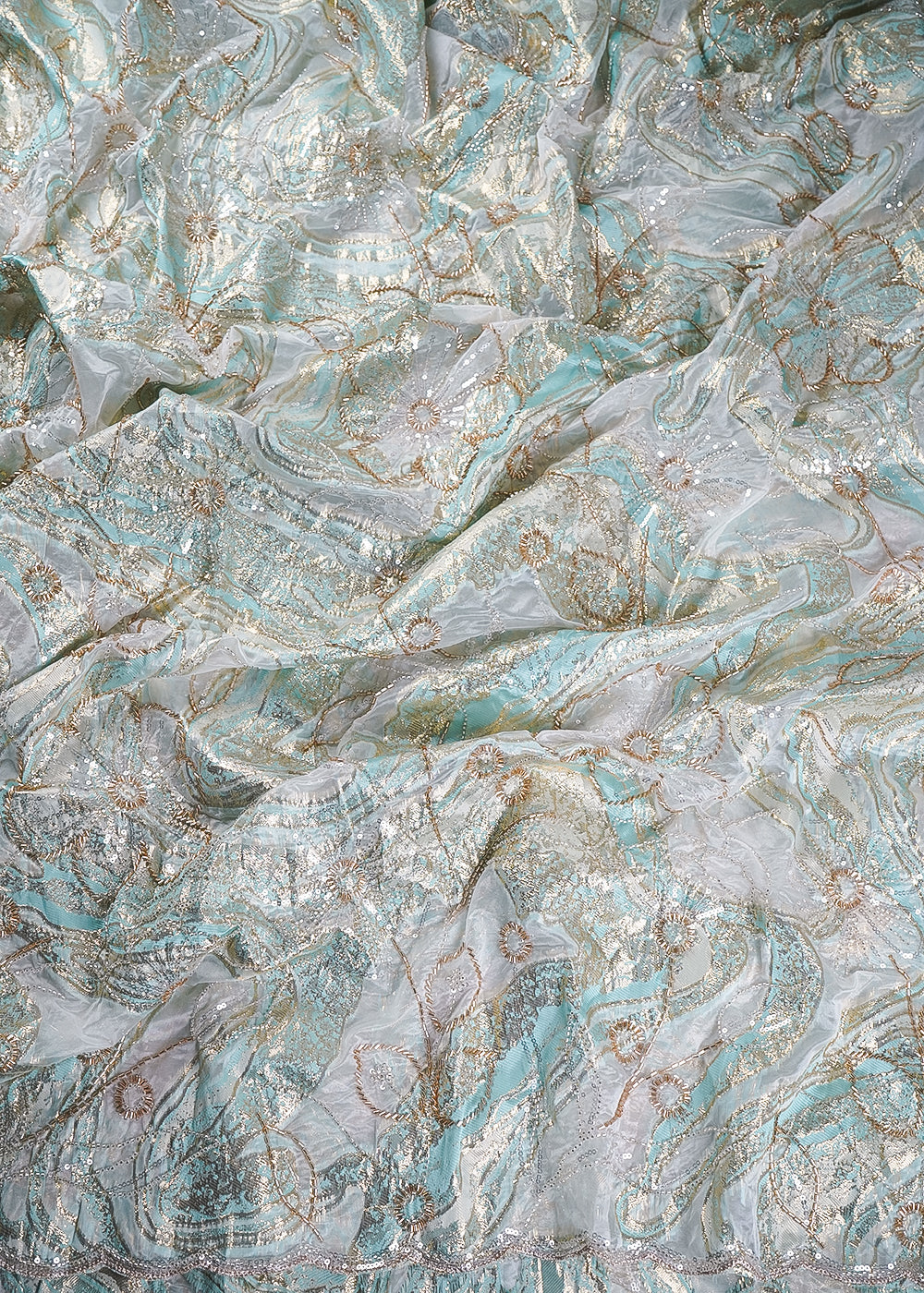 White Organza Fabric With All Over Sequins, Katdana And Bead Work & Sky Blue Foil Work Flowers 24668