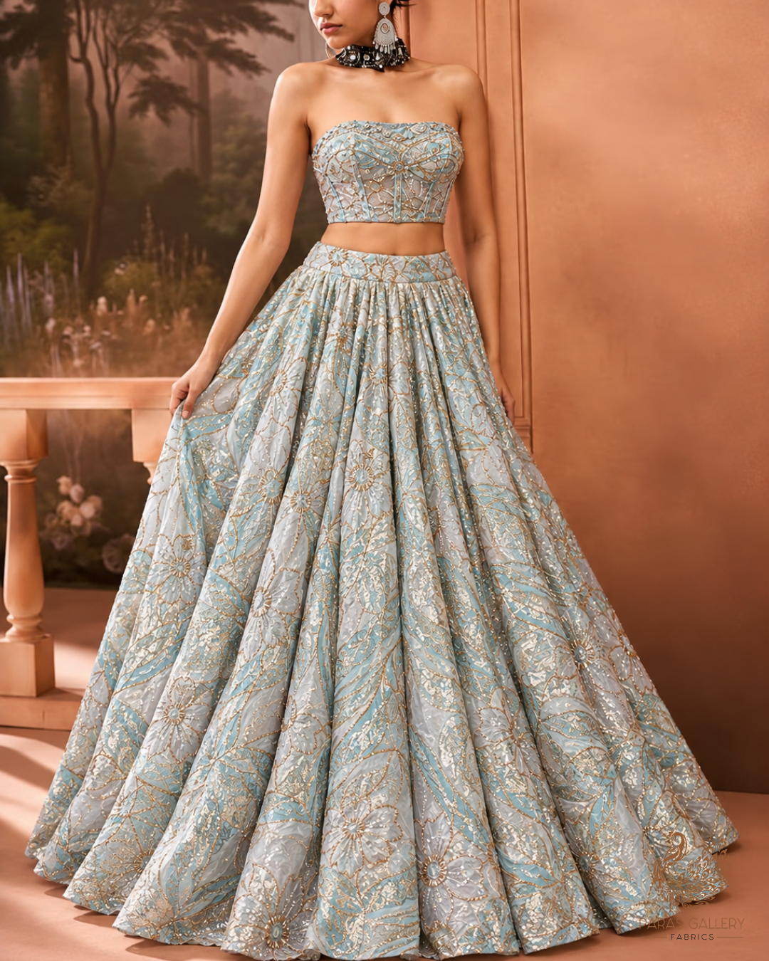White Organza Fabric With All Over Sequins, Katdana And Bead Work & Sky Blue Foil Work Flowers 24668
