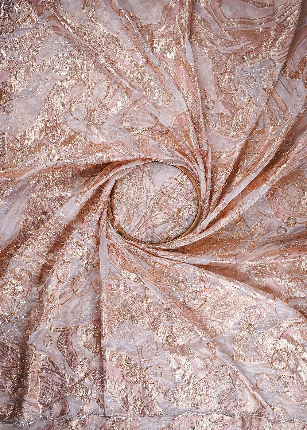 White Organza Fabric With All Over Sequins, Katdana And Bead Work & Pink Foil Work Flowers 24669