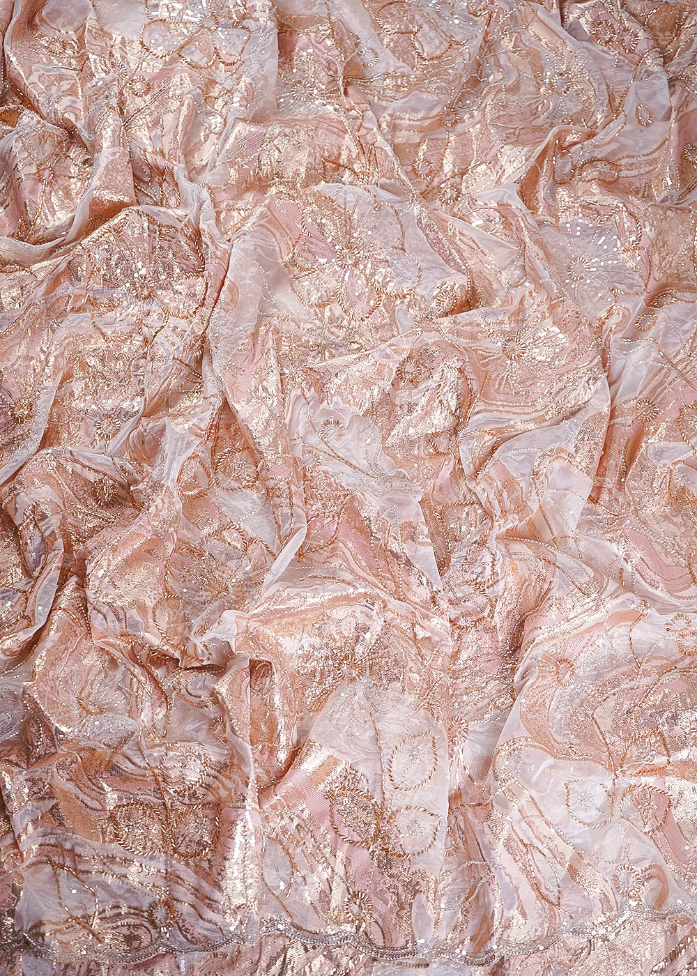 White Organza Fabric With All Over Sequins, Katdana And Bead Work & Pink Foil Work Flowers 24669
