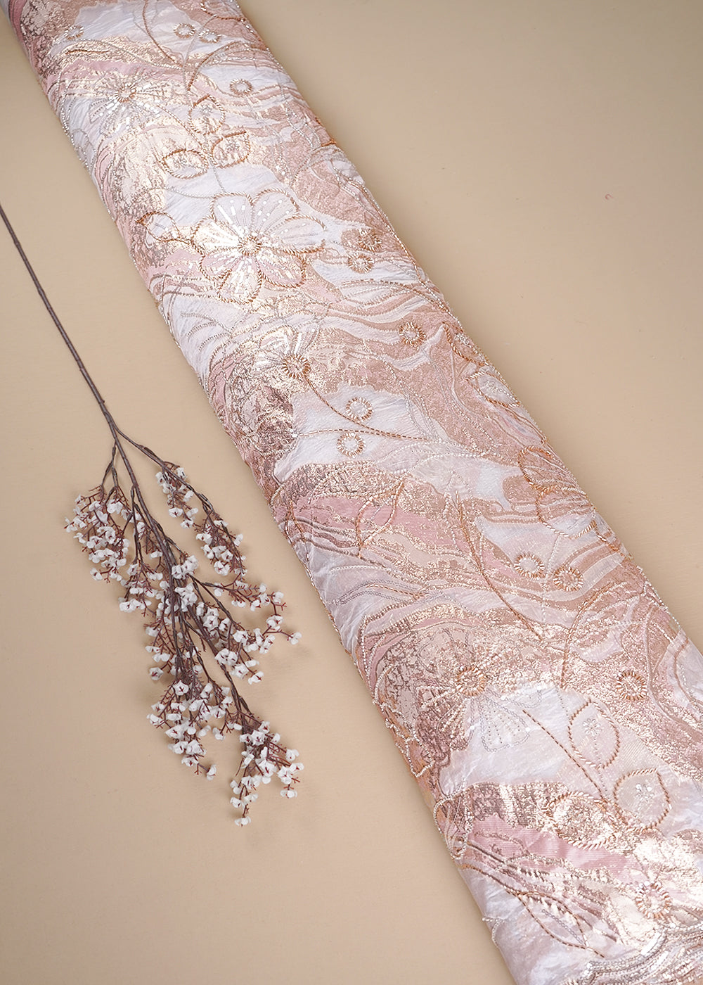 White Organza Fabric With All Over Sequins, Katdana And Bead Work & Pink Foil Work Flowers 24669