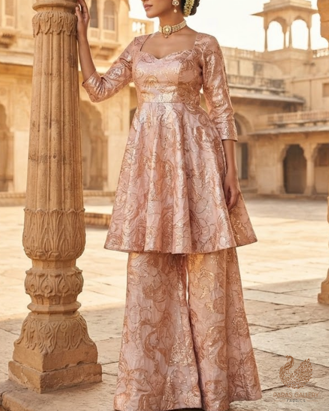 White Organza Fabric With All Over Sequins, Katdana And Bead Work & Pink Foil Work Flowers 24669