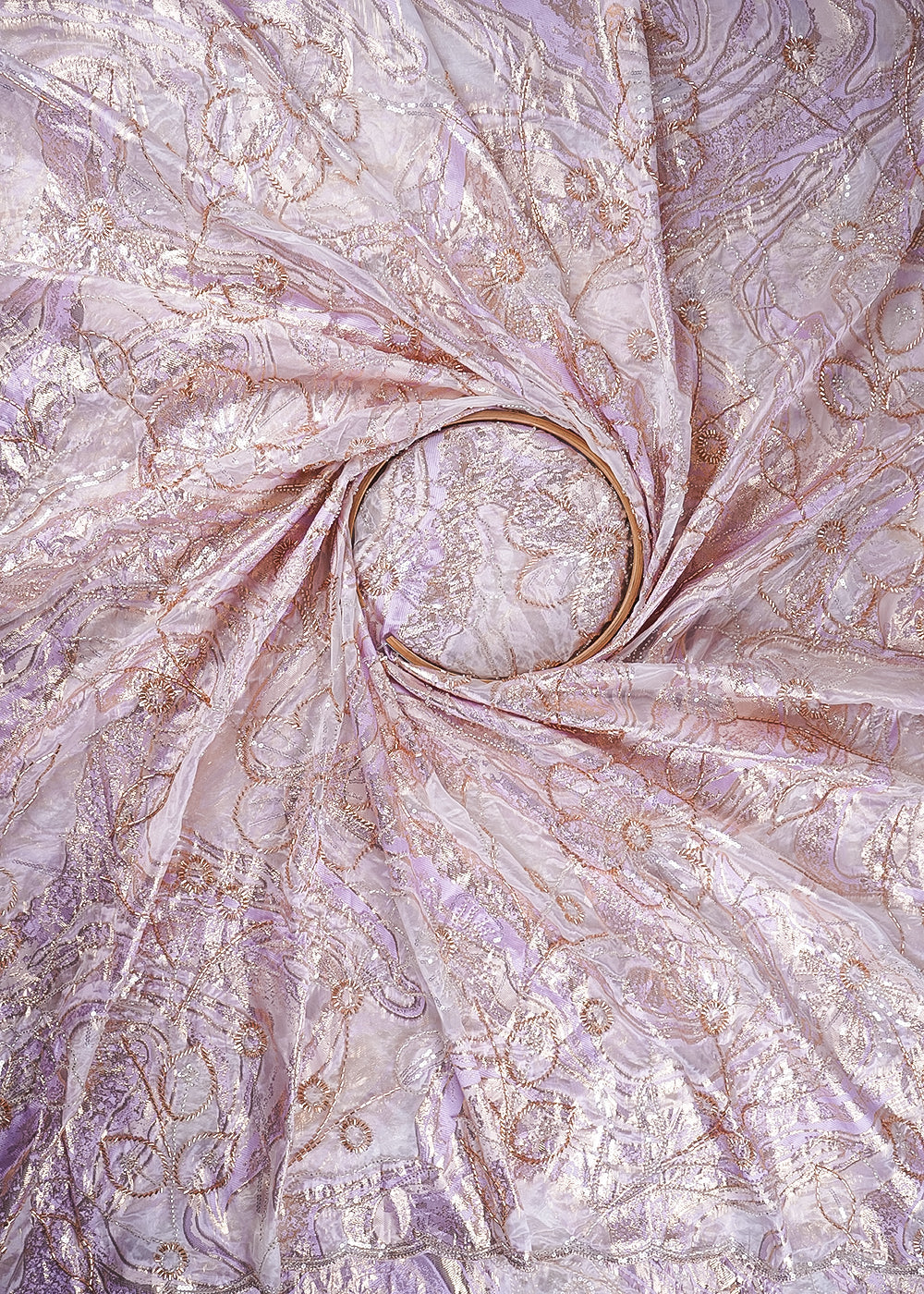 White Organza Fabric With All Over Sequins, Katdana And Bead Work & Lavender Foil Work Flowers 24670