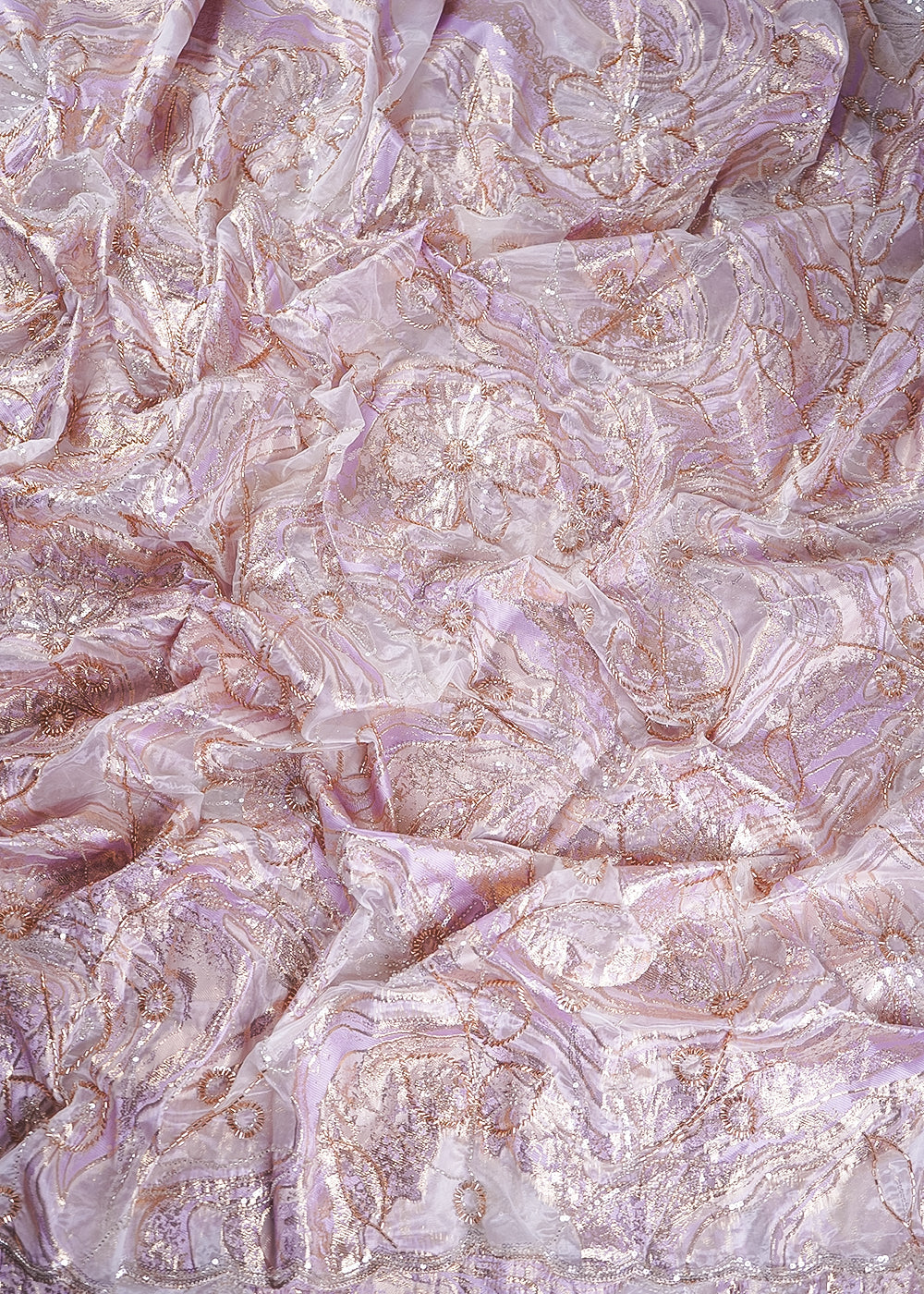 White Organza Fabric With All Over Sequins, Katdana And Bead Work & Lavender Foil Work Flowers 24670