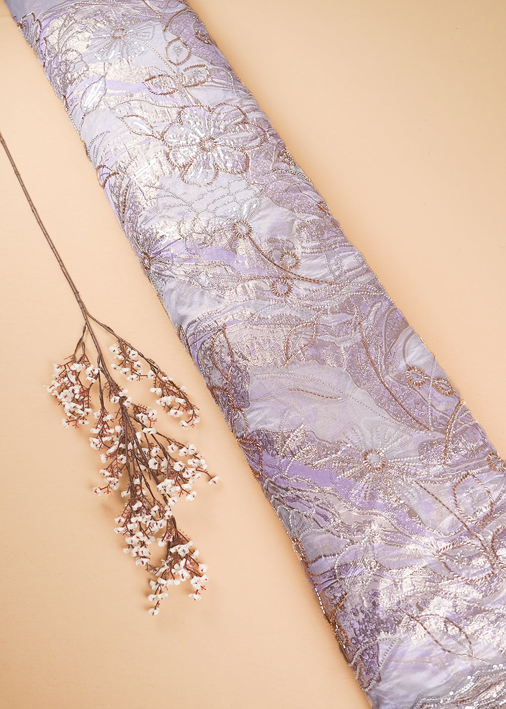 White Organza Fabric With All Over Sequins, Katdana And Bead Work & Lavender Foil Work Flowers 24670