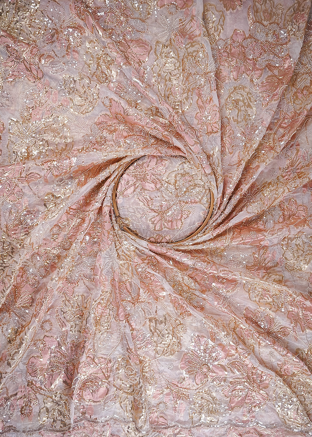 White Organza Fabric With All Over Sequins, Katdana And Bead Work & Pink Foil Work Flowers 24675