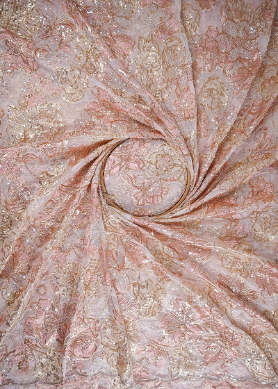 White Organza Fabric With All Over Sequins, Katdana And Bead Work & Pink Foil Work Flowers 24675