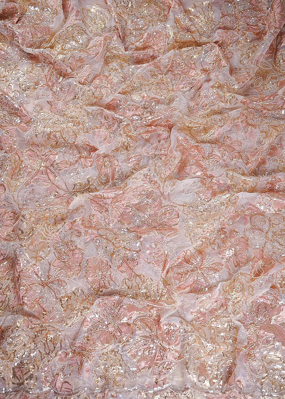 White Organza Fabric With All Over Sequins, Katdana And Bead Work & Pink Foil Work Flowers 24675