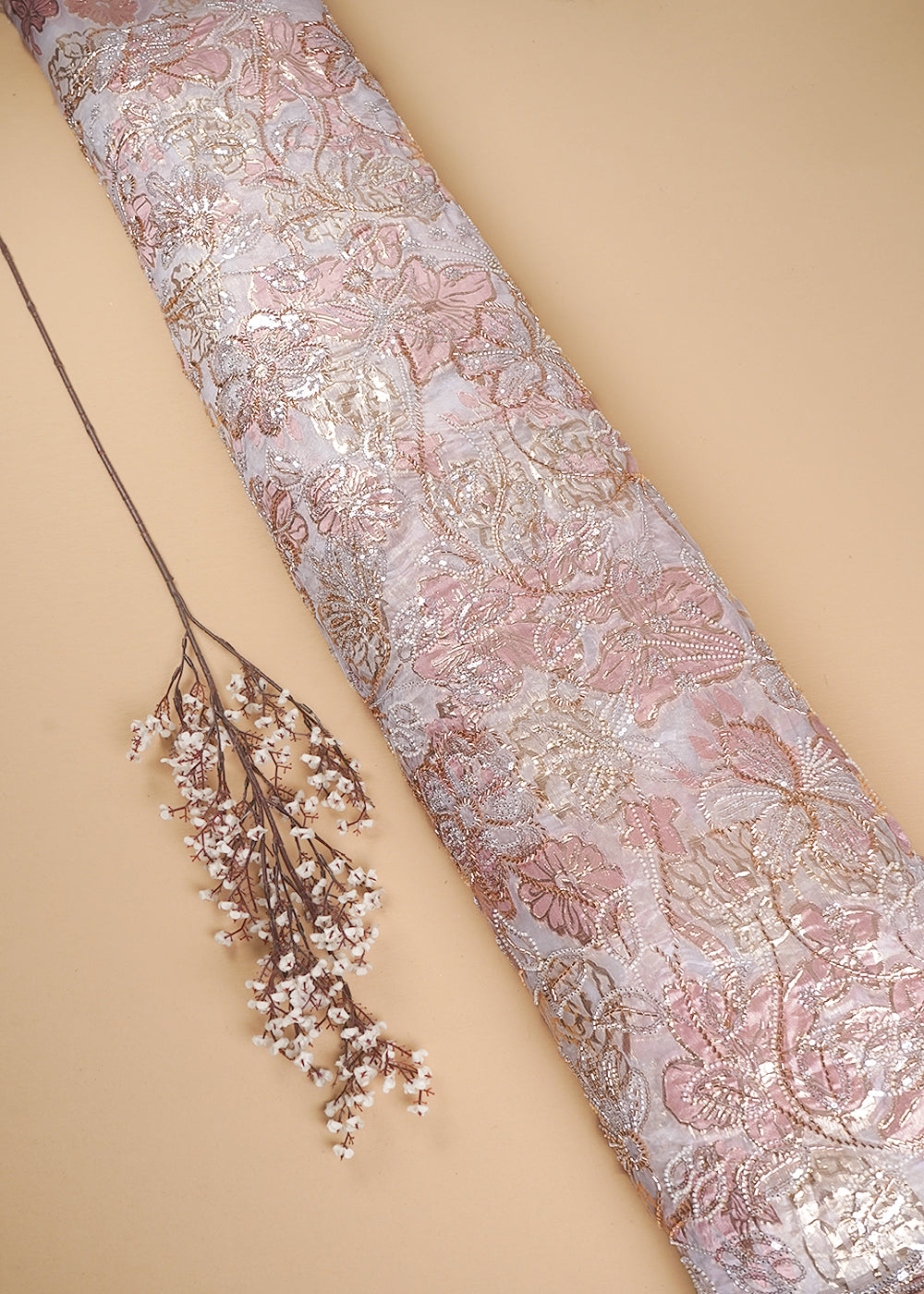 White Organza Fabric With All Over Sequins, Katdana And Bead Work & Pink Foil Work Flowers 24675
