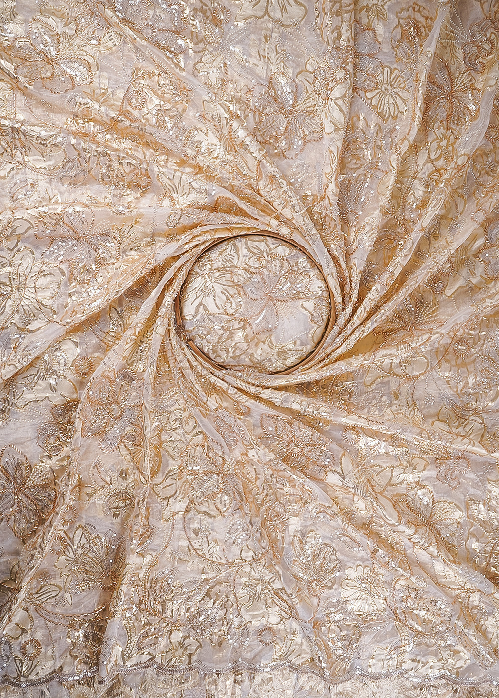 White Organza Fabric With All Over Sequins, Katdana And Bead Work & Gold Foil Work Flowers 24676