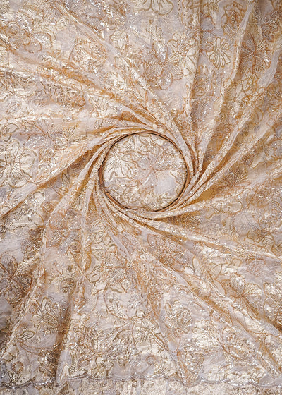 White Organza Fabric With All Over Sequins, Katdana And Bead Work & Gold Foil Work Flowers 24676