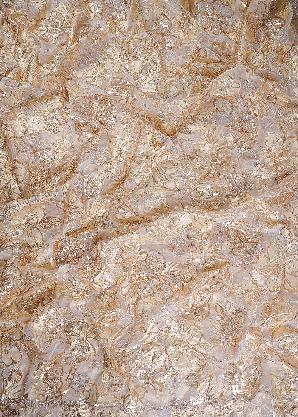 White Organza Fabric With All Over Sequins, Katdana And Bead Work & Gold Foil Work Flowers 24676