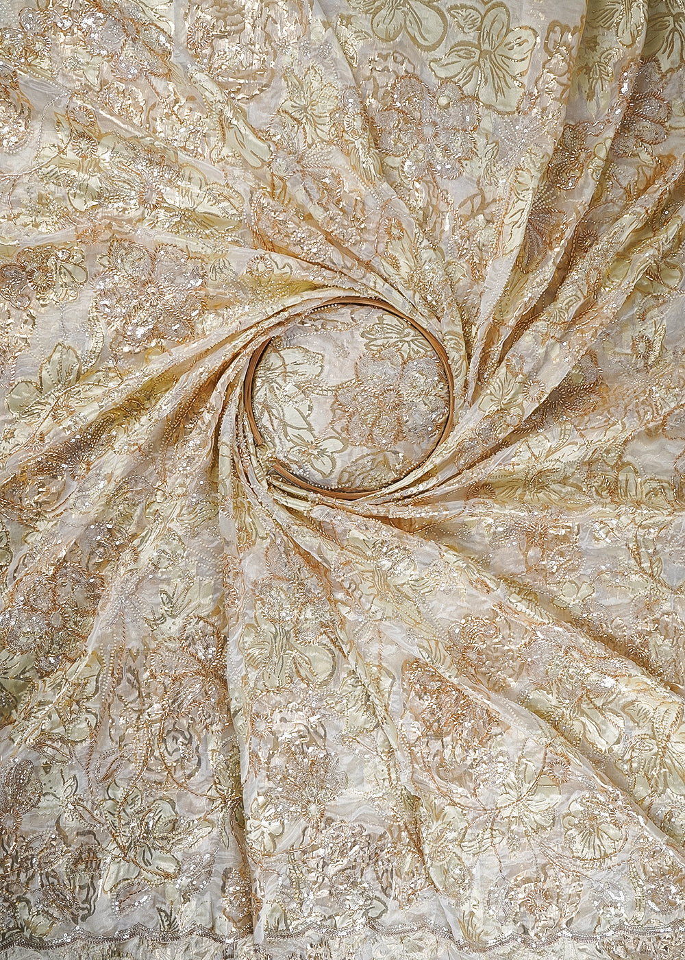 White Organza Fabric With All Over Sequins, Katdana And Bead Work & Pista Green Foil Work Flowers 24677