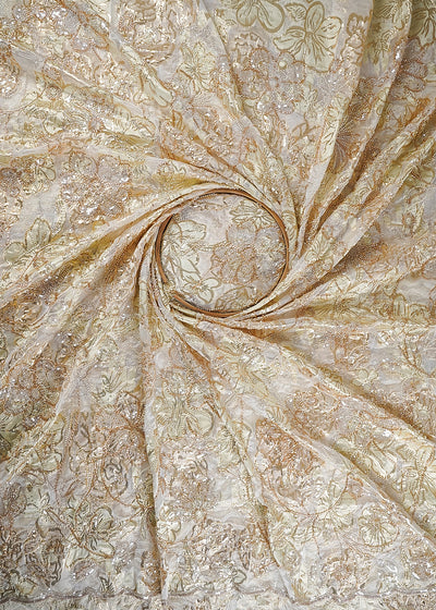 White Organza Fabric With All Over Sequins, Katdana And Bead Work & Pista Green Foil Work Flowers 24677