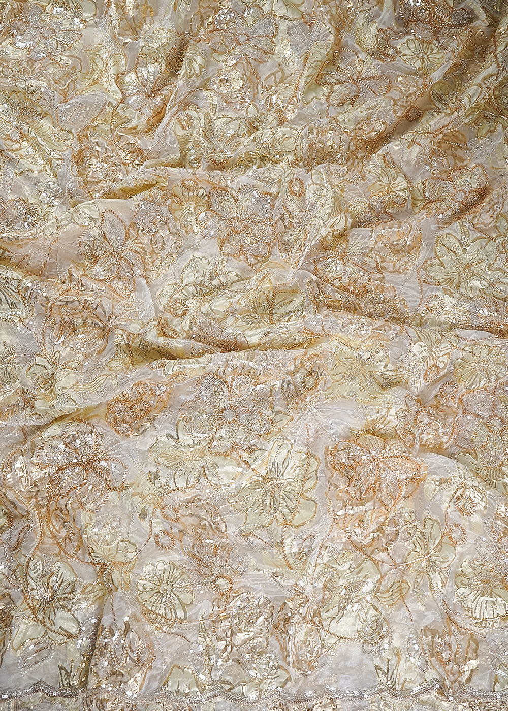 White Organza Fabric With All Over Sequins, Katdana And Bead Work & Pista Green Foil Work Flowers 24677
