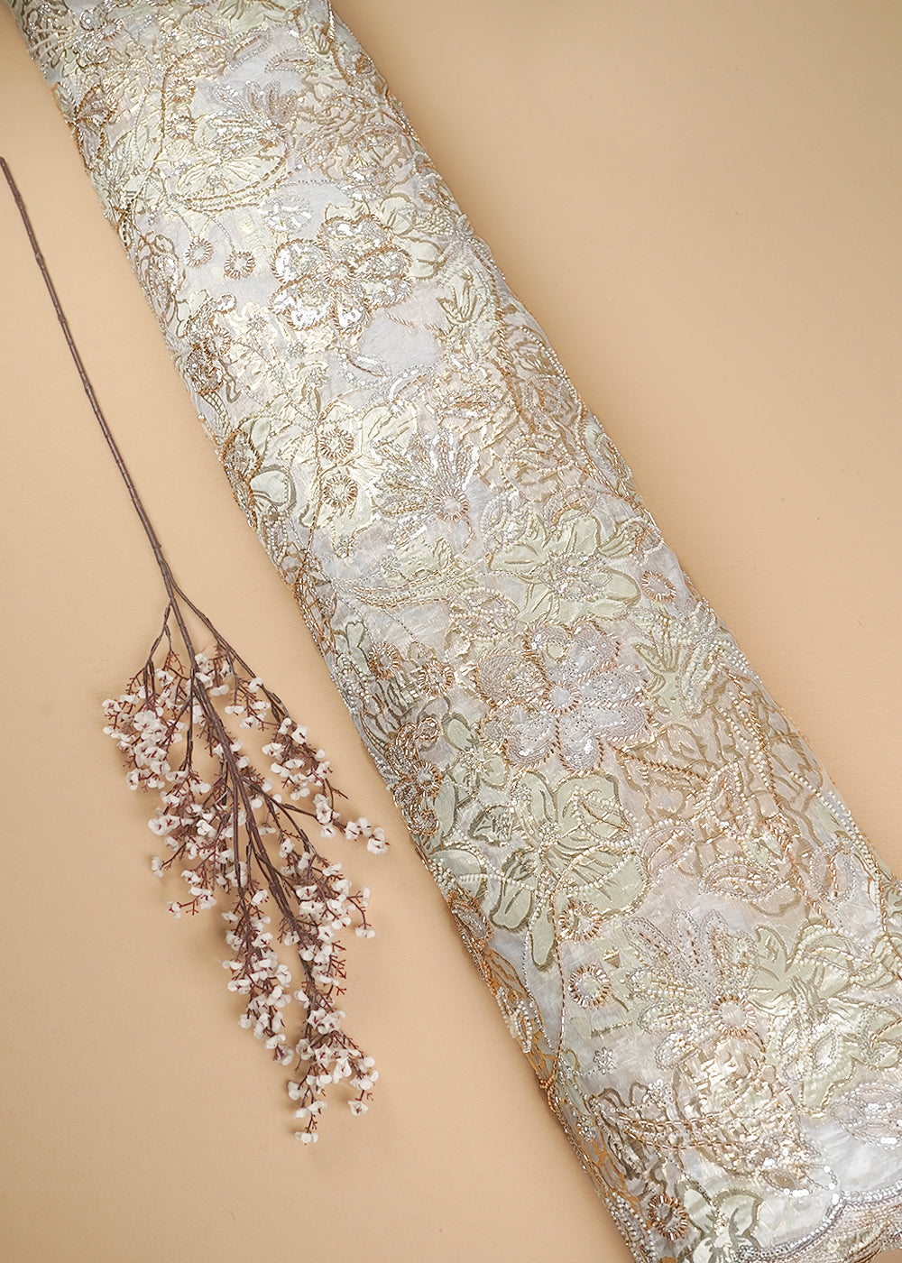 White Organza Fabric With All Over Sequins, Katdana And Bead Work & Pista Green Foil Work Flowers 24677